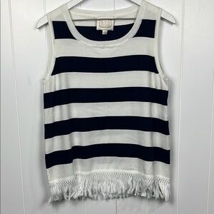 Sail to Sable Womens Sweater M Blue/White Stripes Sleeveless Fringe Hem Pullover